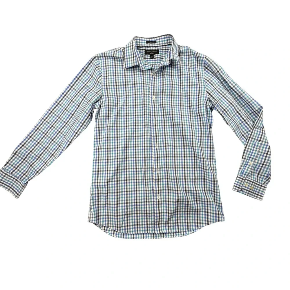 Banana Republic Mens Slim Fit Non-Iron Plaid Button Up Shirt Blue White Size M